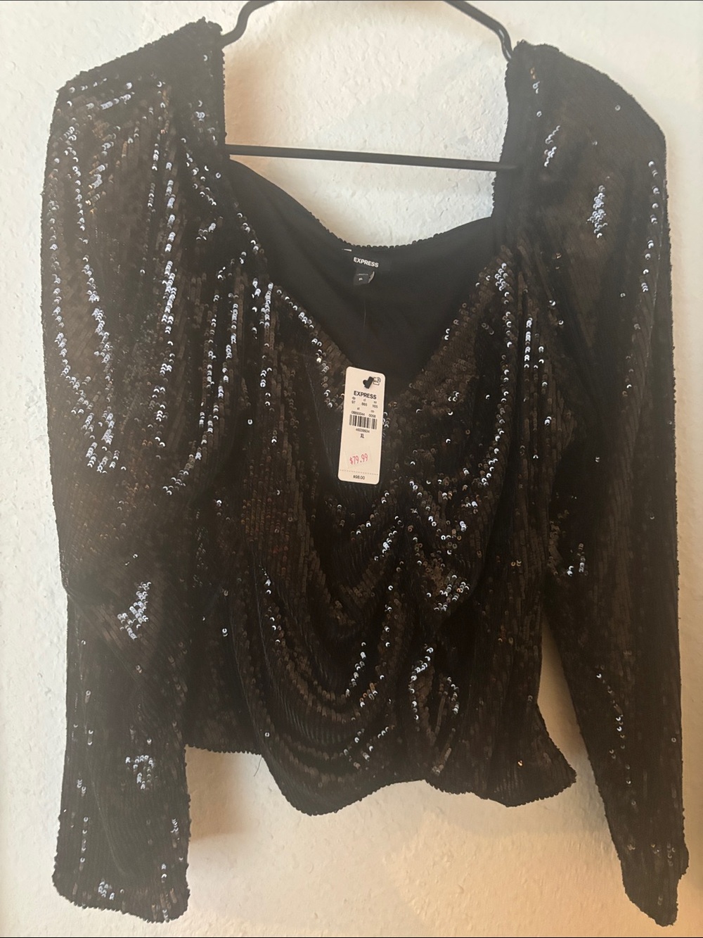 Express Black Sequin Draped Long Sleeve Top